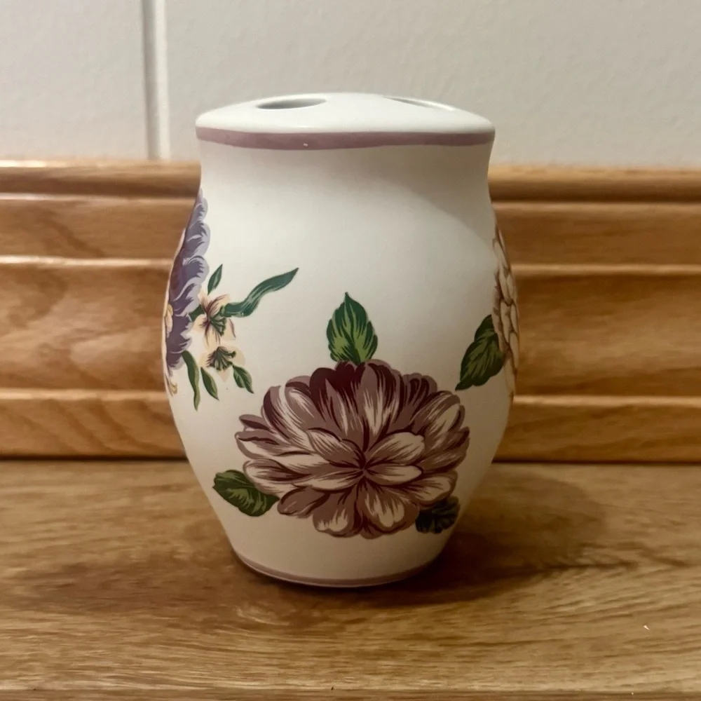 Vintage Floral Porcelain Toothbrush Holder Shabby Chic Vanity Decor